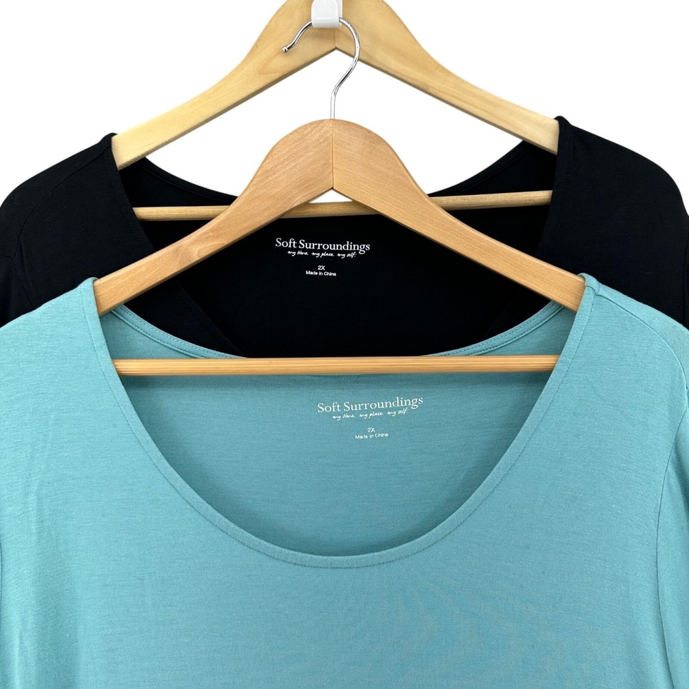 Soft Surroundings Womens 2X Long Sleeve Tunic Top Set Black Blue Teal 2 Piece